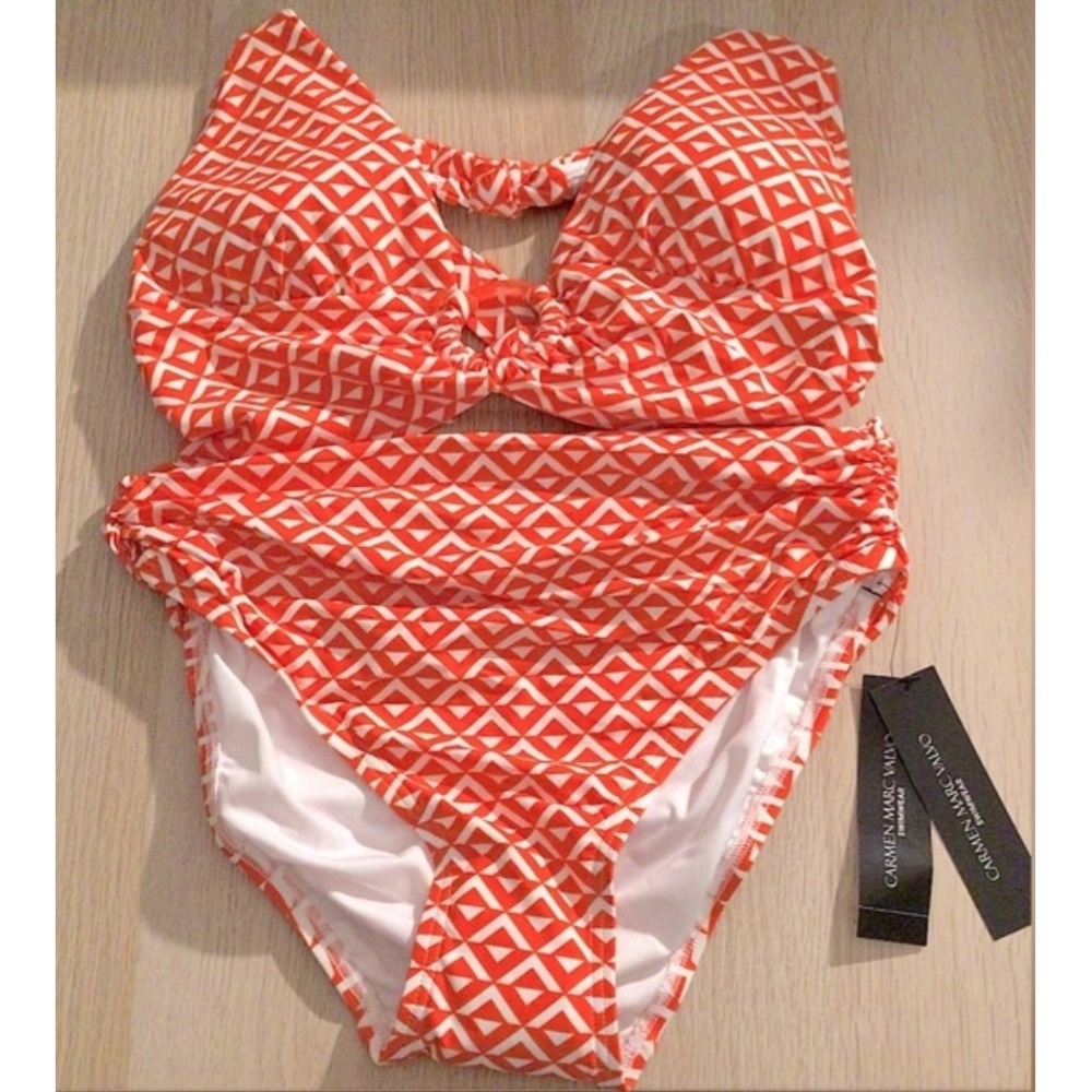 Carmen Marc Valvo Papaya Geometric Halter High Waist Bikini 2-Piece Swim Size M
